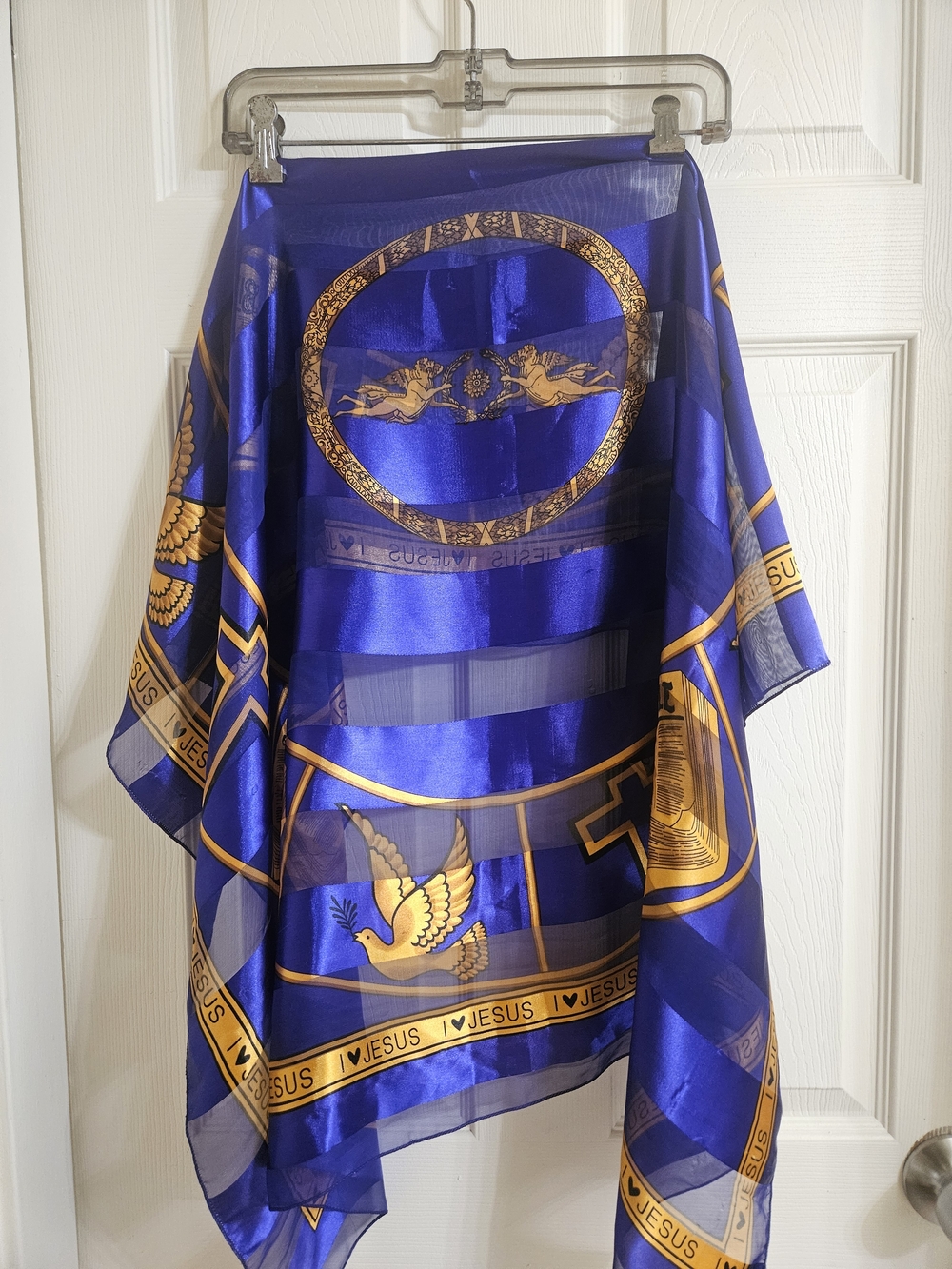 White & Gold Religious Print Satin Scarf - Picture 9 of 12